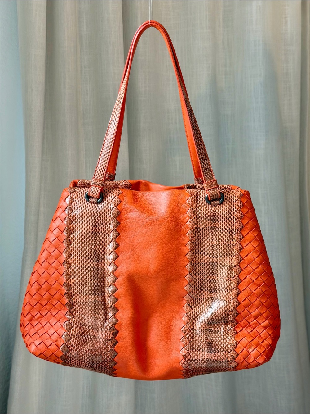 Bottega Veneta Orange Intrecciato Leather Snakeskin Tote Bag